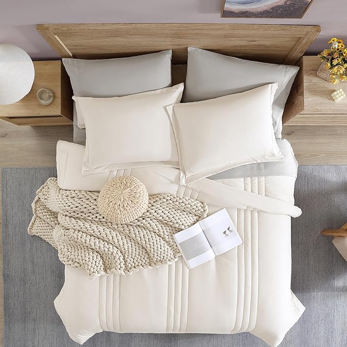 Monbix Full Comforter Set - 7 Pieces White Bed in a Bag Full Size Bedding Sets with Comforters, All Seasons Comforter with Sheets,Pillowcases & Shams