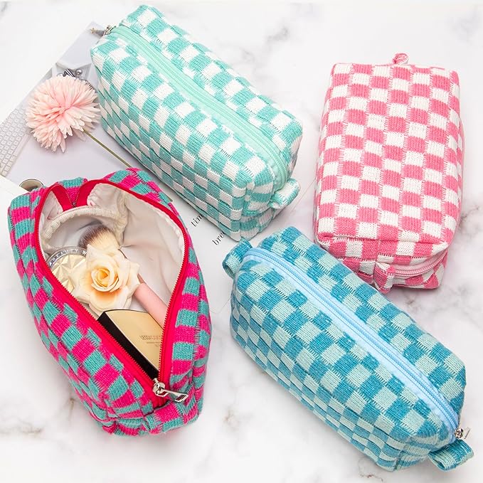 PAZIMIIK Checkered Makeup Bag for Purse Portable Zipper Make Up Pouch Small Cosmetic Case for Travel Accessories (2PCS Arctic Blue)