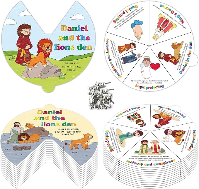 COcnny Christian Lion Coloring Craft - 24 Sets Daniel and The Lions Den Craft for Kids, Color Your Own Religious Wheel Cards Art Activities, Bible Jesus Biblical Game for Sunday School Classroom Home