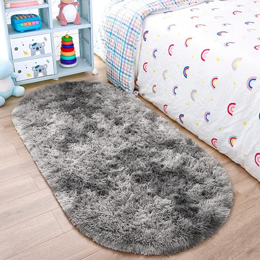 Noahas Oval Fluffy Grey Rainbow Rug 2.6X5.3 Small Kids Rugs for Bedroom Girls And Boys Aesthetic,Bedside Bedroom Rug,Ultra Soft Runner Carpet Modern Shaggy Nursery Area Rugs Home Deco