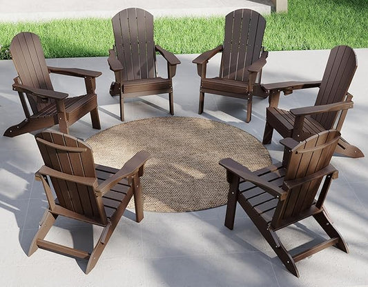 Plawdlik Folding Adirondack Chair Set of 6 with Cup Holder，Wooden Textured ，Heavy All-Weather HDPE Comfortable Set Poolside Backyard Lawn, Coffee