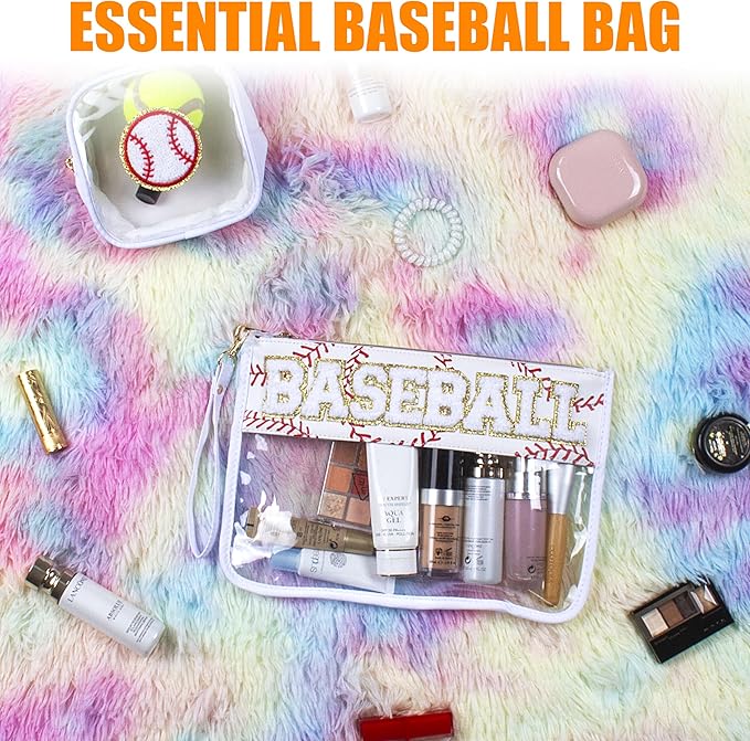BuyCard 2 Pcs Baseball Gifts Cosmetic Makeup Bag with Chenille Letter Patch, Clear Pouch PVC Organizer Purse, Waterproof Travel Bag, Portable Toiletry Storage Bag for Her Girls Friends Women