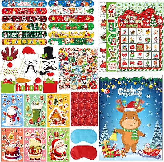 166Pcs Christmas Party Games for Kids Christmas Games 24 Player Christmas Bingo Game Pin Nose Game 24Pie Face Game Stickers Christmas Slap Bracelets Photo Props Christmas Games for Kids