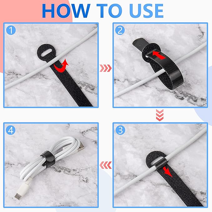 60x Cable Management Ties, Cord Wraps Black 6 Inches, Reusable Tidy Wire Ties for Cords, PC, TV, Computer & Desk