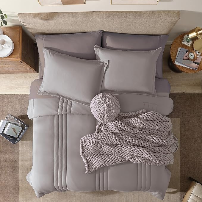 Monbix Queen Comforter Set - 7 Pieces Cloud Purple Bed in a Bag Queen Bedding Sets with Comforters, All Seasons Comforter Bed Set with Sheets, Pillowcases & Shams