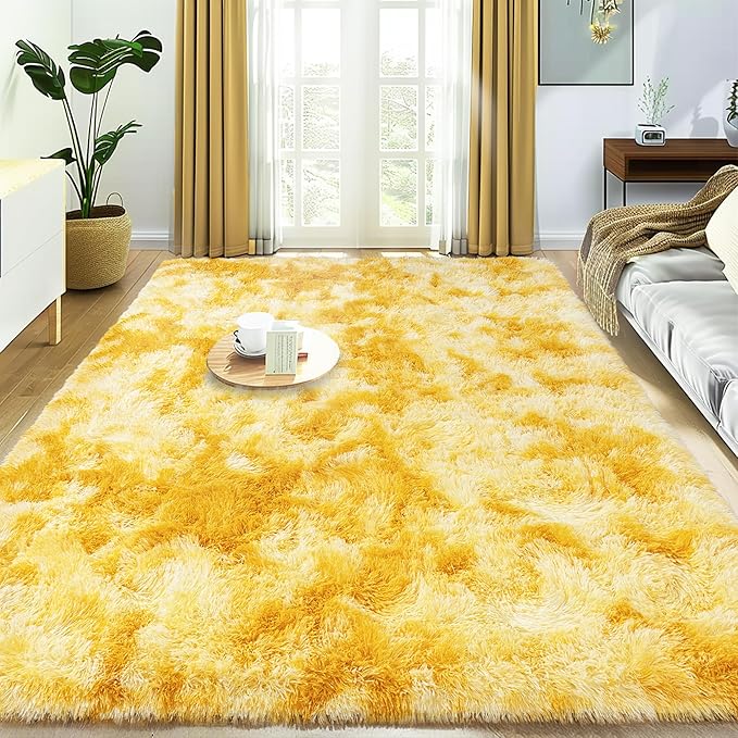 Xexsin Small Rugs for Bedroom, Fuzzy Throw Rug for Living Room Dorm, Soft Fluffy Bedroom Rug, Non Slip Shag Rugs, Modern Indoor Home Decor Aesthetic, 2x3 Feet, Tie-Dyed Yellow