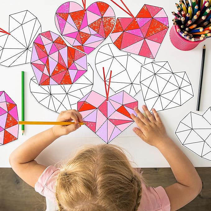 BeYumi 83Pcs Color Your Own Valentine's Day Heart Kit for Kids DIY Coloring Craft Kit Coloring Valentine Heart Ornament Geometric Love Card School Classroom Valentine Party Activity Art Craft Project