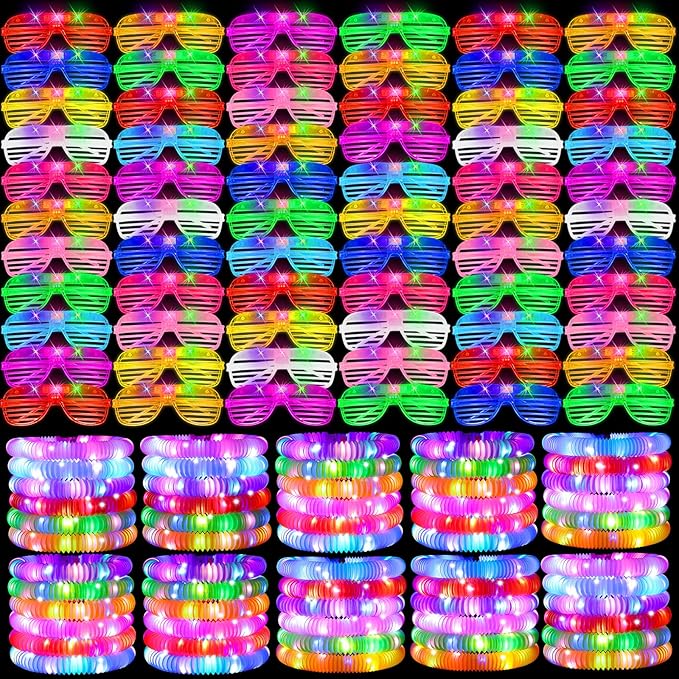 76 Pcs Glow Sticks Light Up Pop Tubes &LED Glasses Party Favors, Glow Bracelets Necklaces Camping Toys, Rave Neon Flashing Glasses for Birthday Return Gift Goodie Bag Christmas Stuffer School Prizes