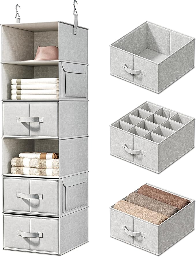 6-Shelf Hanging Closet Organizer with 3 Drawers, 6-Shelf Inseparable Closet Organizers and Storage for Wardrobe Organization, Hanging Dresser for Nursury & Dorm Clothes Organizer, Silver Gray