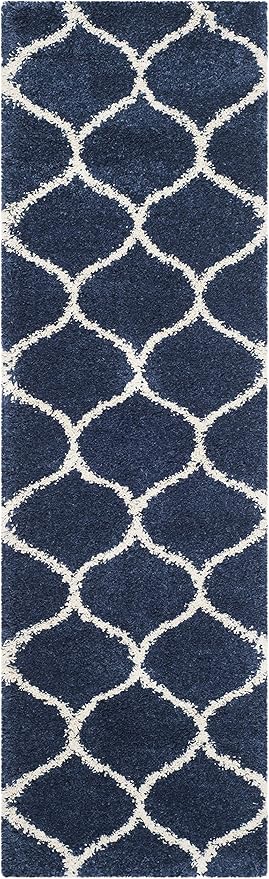 SAFAVIEH Hudson Shag Collection Runner Rug - 2'3" x 20', Navy & Ivory, Moroccan Trellis Design, Non-Shedding & Easy Care, 2-inch Thick Ideal for High Traffic Areas in Living Room, Bedroom (SGH280C)