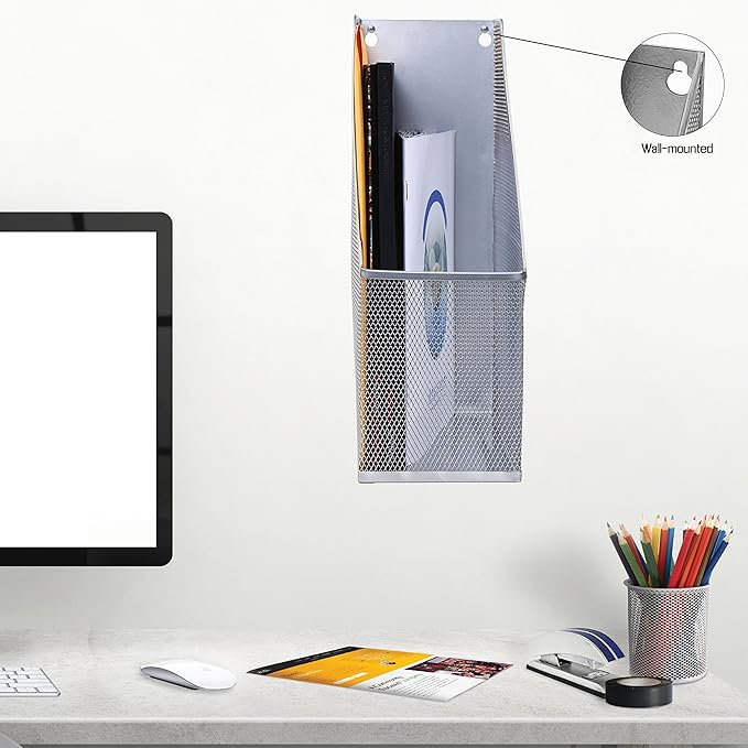 YBM HOME Steel Mesh Wall Magazine File Holder for Home & Office Organization, Serves as a Magazine Rack, Desk Organizer, Letter and Mail Bin, Holds Up to 20 Magazines - Silver