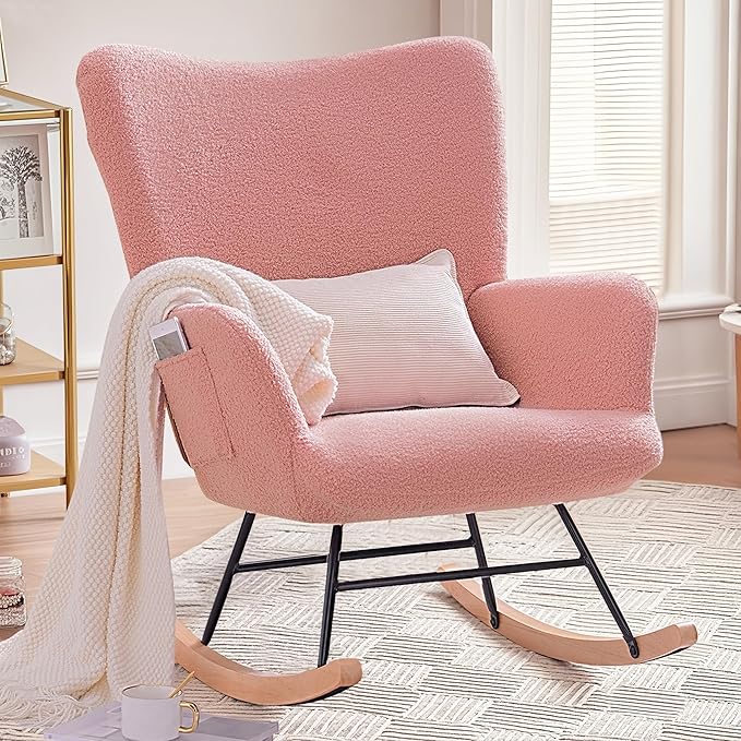 VECELO Rocking Chair Nursery Teddy Upholstered Glider Rocker with High Backrest, Padded Seat, Side Pocket, for LivingRoom, Bedroom, Baby Room