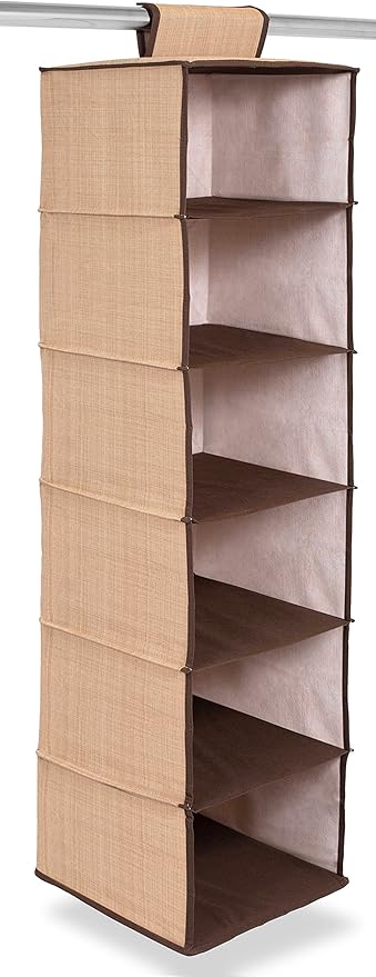 Internet's Best Hanging Closet Organizer - 6 Shelf - Clothing Sweaters Shoes Accessories Storage - Brown - College Dorm Kids Room Essential - Beige