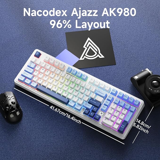 NACODEX Ajazz AK980 Blue White Wireless Mechanical Gaming Keyboard,Tri-Mode BT5.0/2.4GHz/USB-C Hot Swappable RGB Backlit Computer Gaming Keyboards for PC/Tablet/PS/Xbox