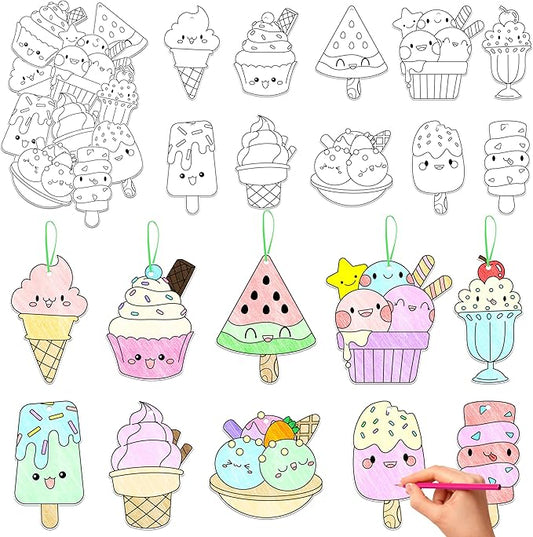 JAPBOR Ice Cream Coloring Craft - 83PCS Summer Ice Cream Themed Party Activities Game Kits for Kids, Color Your Own DIY Desserts Art Cards Hanging Ornament, Draw Paper Book School Activity Party Favor