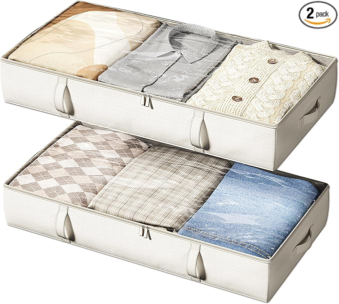 Vailando Side-Supported Under Bed Storage Containers, 6 Inches Tall 60L Underbed Storage Bins with Sturdy Handles and Sidewalls, Closet Organizer for Clothes, Blankets, Seasonal Items, Beige, 2-Pack