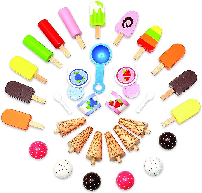 Ice Cream Cart Kids Pretend Play Stand- 33+ Pc Accessories, Realistic Premium Wooden Toy Activity Set, Money Box Chalkboard & Icecream Truck- Popsicles Cones Unique Flavors- Girls Boys Role Play Gift