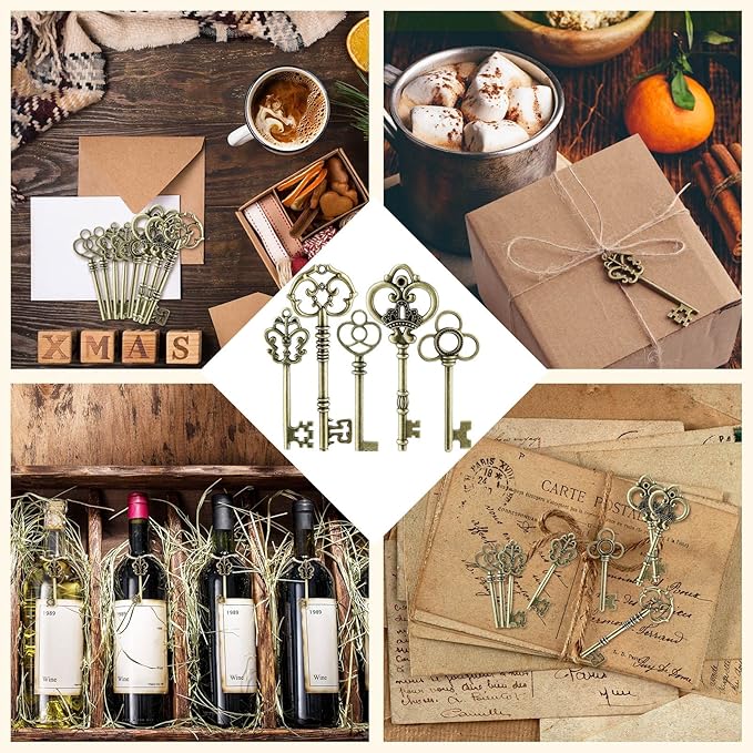 Fumete 100 Pcs Large Vintage Skeleton Key Set Charms Mixed Antique Style Brass Key Set Charms Old Fake Antique Rustic Supplies for DIY Crafts Jewelry Making Necklace Party Decor Decoration(Bronze)