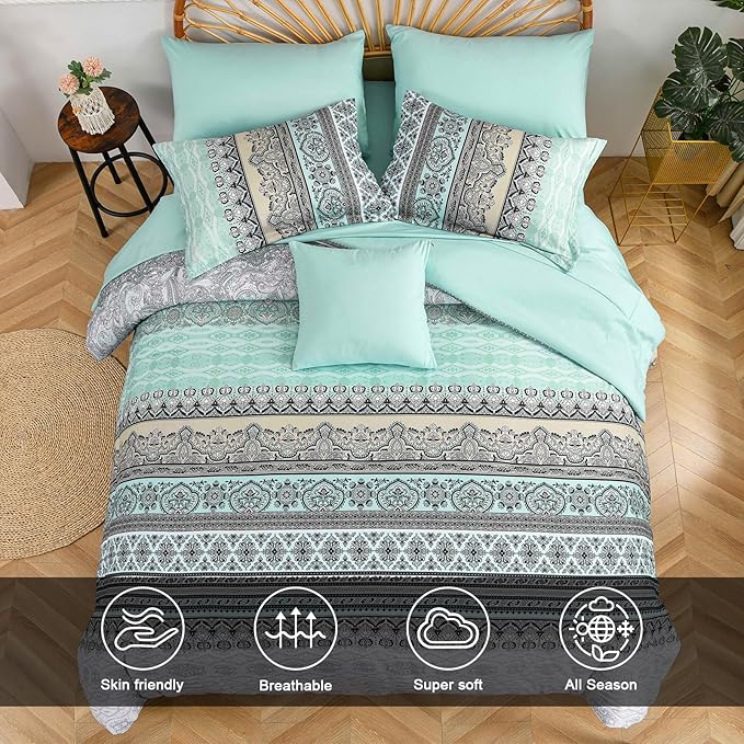 Cottolester Boho Comforter Set King Size,8 Piece Bed in a Bag Sage Green Paisley Comforter and Sheet Set,Striped Bedding Set Soft Microfiber Complete Bedding Set