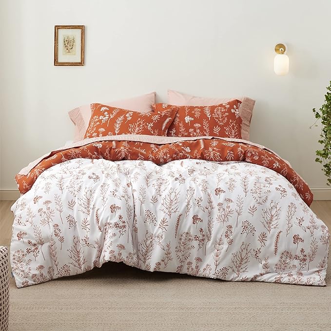Bedsure King Comforter Set - Terracotta Bed Set, 3 Pieces Cute Floral Bedding, 1 Soft Reversible Botanical Flowers Comforter and 2 Pillow Shams