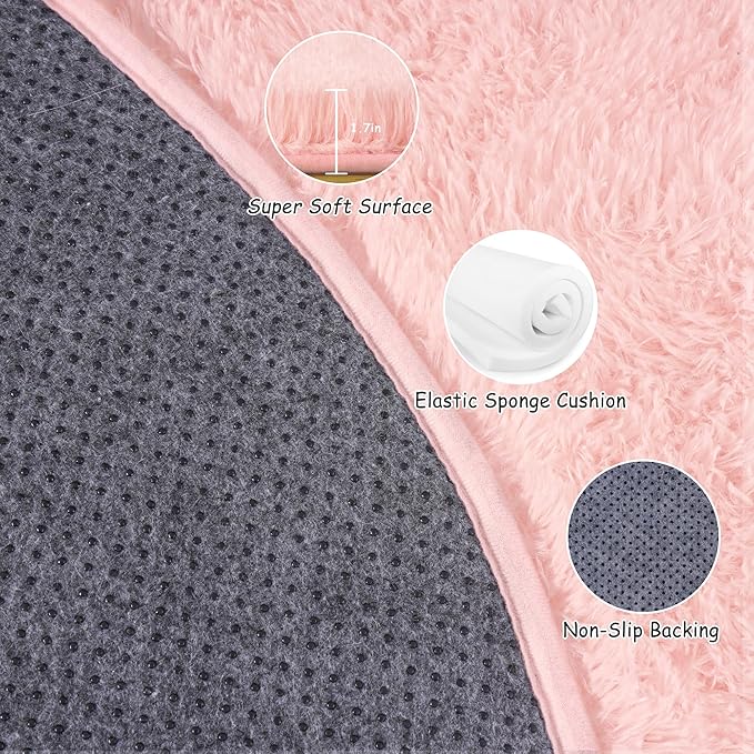 Xexsin Round Fluffy Rugs 5Ft for Girls Bedroom, Pink Shag Circle Kids Rug Non-Slip for Bedside Dorm Nursery Playroom, Soft Cute Area Rugs for Living Room Decor