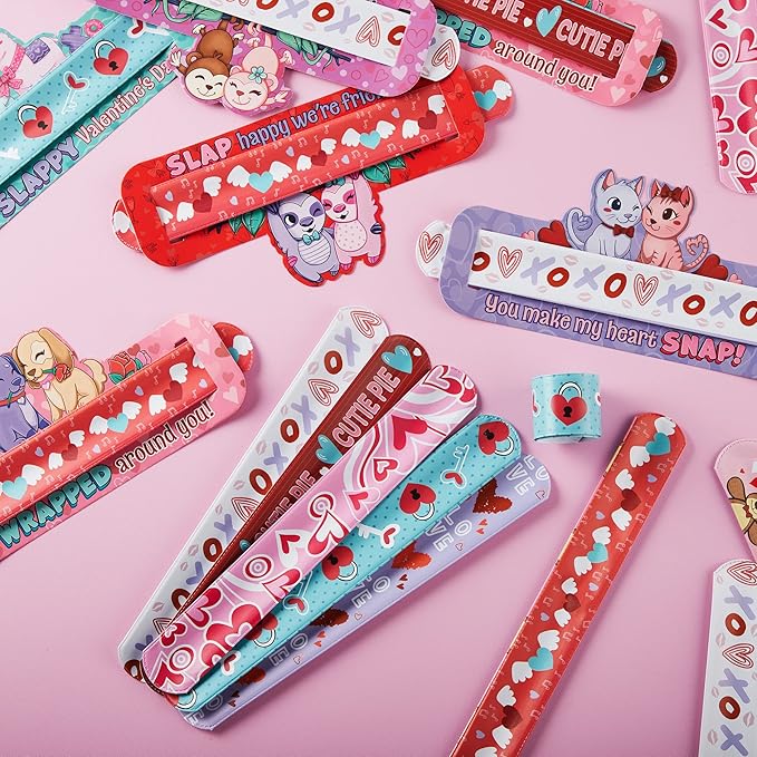 JOYIN 28 Valentine's Day Gifts Cards with Slap Bracelet, Animal Heart Snap Bracelet Wristband for Kids,Valentine's Party Favors, Valentine Classroom Exchange, Game Prizes