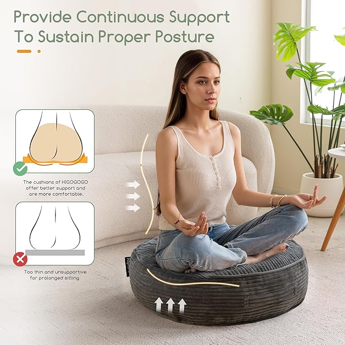 6" Washable Floor Pillow Cushion for Adults, Meditation Cushion Pillow, Large Round Floor Sitting, Removable Tufted Corduroy Cover, for Tatami Living Room or Yoga, 22x22 Inch, Machine Washable