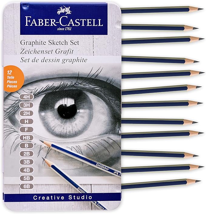 Faber-Castell Graphite Pencils Drawing Set: 12 Art Pencils for Sketching (4H, 3H, 2H, H, F, HB, B, 2B, 3B, 4B, 5B, and 6B), Shading Pencils for Drawing and Sketching, Graphite Drawing Kit