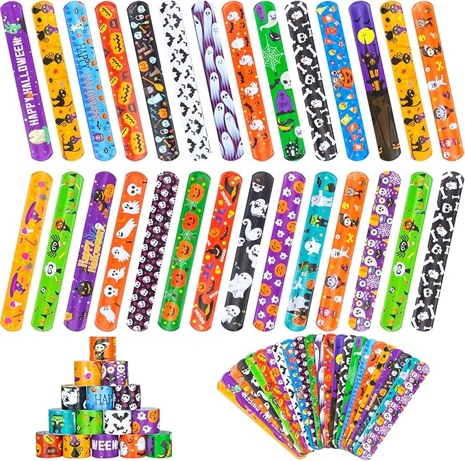 Halloween Slap Bracelet for Kids - 48 Pieces, 24 Colorful Styles, Bulk Halloween Slap Wristbands for Kids Party Favors, Toys Prizes & Goodie Bags Fillers