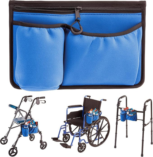 High Road Wheelchair Side Bag with Cup Holder - Stretch Neoprene Walker and Wheelchair Pouch with Insulating Wheelchair Cup Holder and 2 Storage Pockets (Blue)