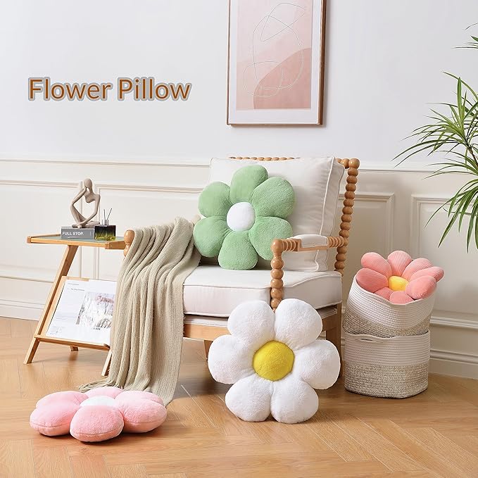 White Flower Pillow, 19.6In Floor Pillow Cushion, Cute Flower Shaped Throw Pillow, Home Decorative Pillows for Sofa, Couch, Bed
