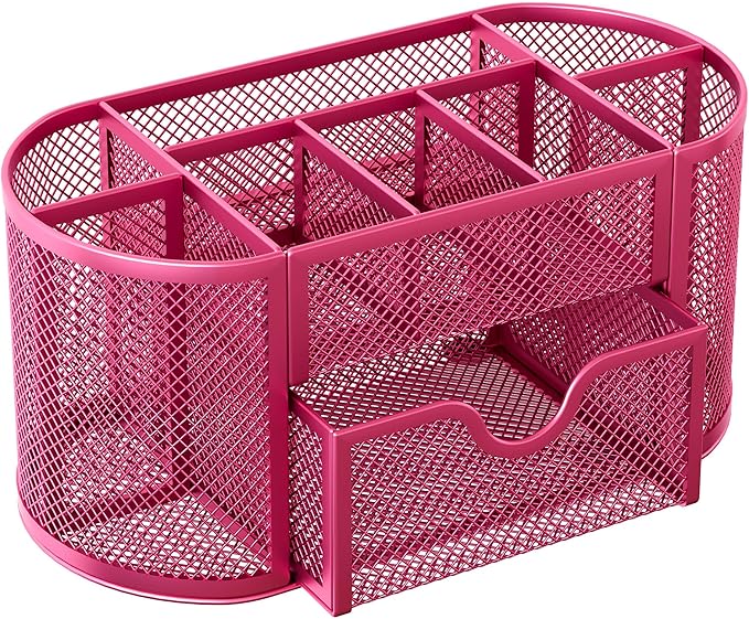 EasyPAG Mesh Pen Holder Desk Organizer with Drawer Stationery Supplies Organizer for Dorm School 9 Compartments Workspace Desk Accessories Organization for Office, Hot Pink