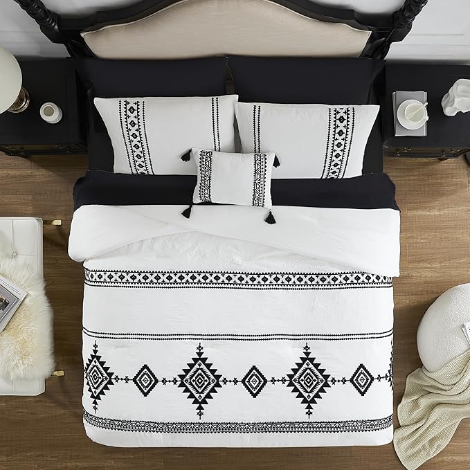 MaiRêve Embroidery Comforter Set King Size 7 Pieces, Boho Farmhouse Western Bedding All Season Bed in A Bag, White Black King Comforter Set with Sheets, Pillowcases & Shams