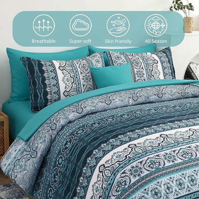 Cottolester Boho King Size Comforter Set 8 Pieces, Teal Comforter Bohemian Striped Bed in A Bag, Soft Microfiber Bedding Set for All Seasons