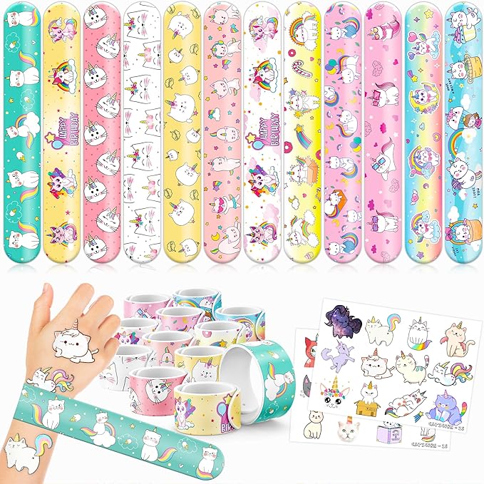 48PCS Caticorn Party Favors - 24PCS Tattoos & 24PCS Slap Bracelets - Cat Unicorn Birthday Supplies, Kitty-Themed Decorations, Classroom Prizes, Gifts for Girls & Boys