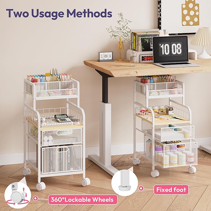 SWTYMIKI Rolling Cart with Drawers - Metal Utility Cart with Wood Shelf, DIY Divider and Locking Wheels, Craft & Art Cart Organizer for Under Desk Storage for Home Office Studio, White