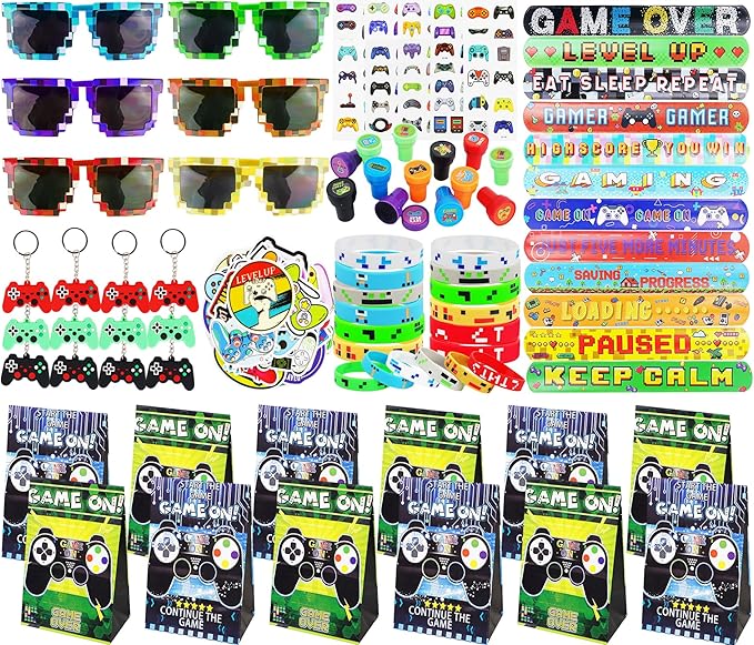 125Pcs Video Game Party Favors for Kids, with Goodie Bag Stuffers Includ Arcade Video Game Keychain Glasses Bracelets Stamps Tattoos Stickers etc, for Kids Boys Girls Birthday Party Favor Supplies