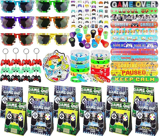 125Pcs Video Game Party Favors for Kids, with Goodie Bag Stuffers Includ Arcade Video Game Keychain Glasses Bracelets Stamps Tattoos Stickers etc, for Kids Boys Girls Birthday Party Favor Supplies