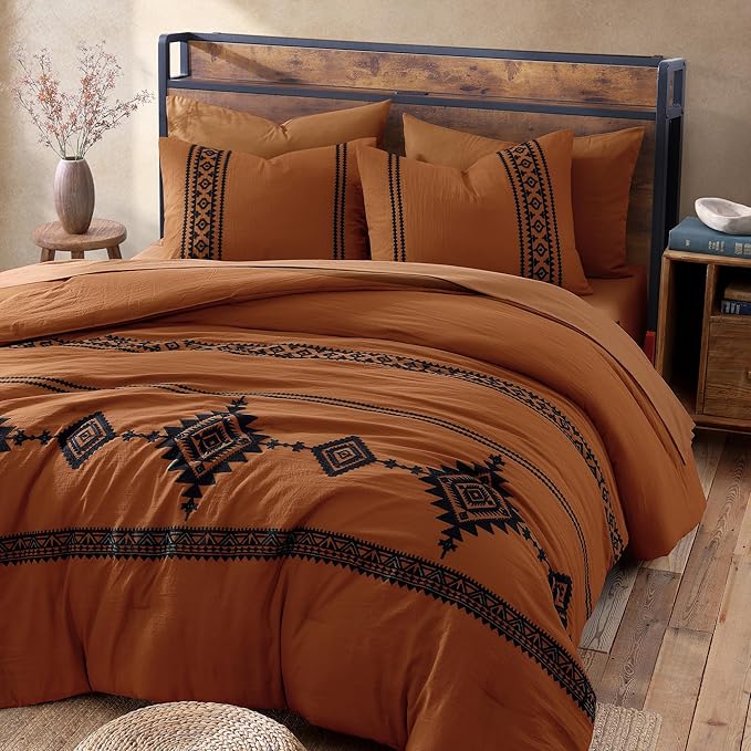 MaiRêve Embroidery Comforter Set, Boho Farmhouse Western Bedding Set, All Season Bed in A Bag Comforter Set with Sheets, Pillowcases & Shams, Burnt Orange Queen 7 Pieces