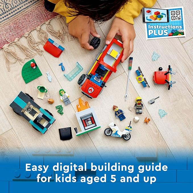 LEGO City Fire Rescue & Police Chase Building Set 60319 - Kid's Fire & Police Build, Featuring 3 Minifigures, Emergency Truck, Patrol Car, Motorcycle Toys, Gifts for Boys and Girls Age 5+ Years Old