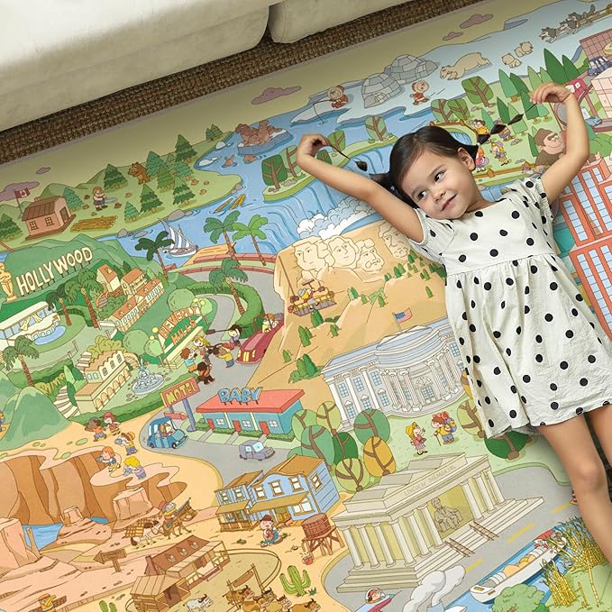 Large 8x10 Kids Rug – North America Geography Carpet with Landmarks, Wildlife & U.S. Presidents – Giant Educational Play Mat for Homeschool, Daycare, Classroom, or Pretend Play Area