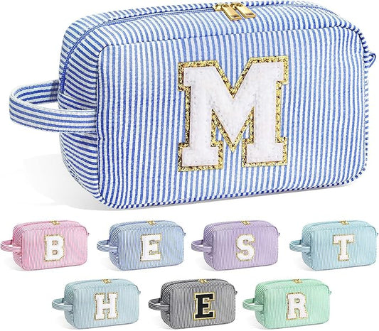 YOOLIFE Gifts for Women Teen Girls Kids - Initial Makeup Bag Cosmetic Bag Toiletry Pouch, Personalized Birthday Gifts for Women Girls Mom Daughter Sister Friends, Blue M