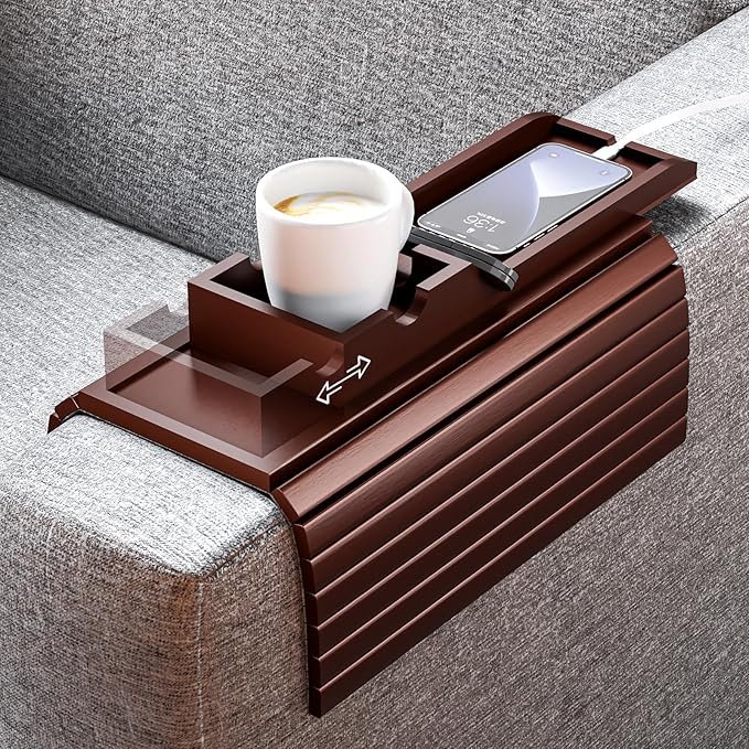 Bamboo Couch Armrest Table, Sofa Arm Tray with Detachable Couch Cup Holder- 2 in 1 Anti-Slip Foldable Sofa Armchair Caddy Table for Drinks Cellphone TV Remote Snacks (Walnut)