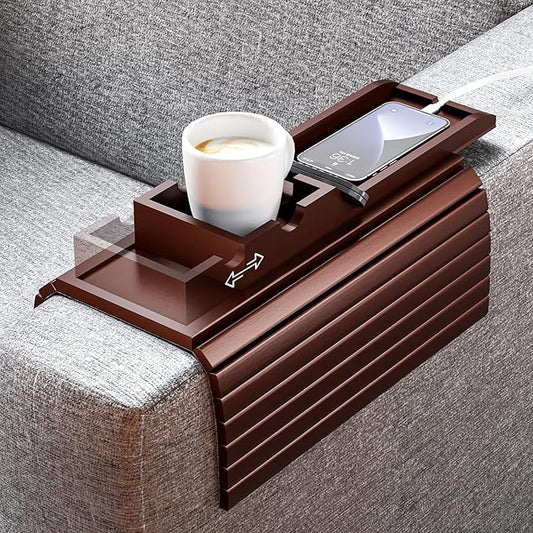 Bamboo Couch Armrest Table, Sofa Arm Tray with Detachable Couch Cup Holder- 2 in 1 Anti-Slip Foldable Sofa Armchair Caddy Table for Drinks Cellphone TV Remote Snacks (Walnut)