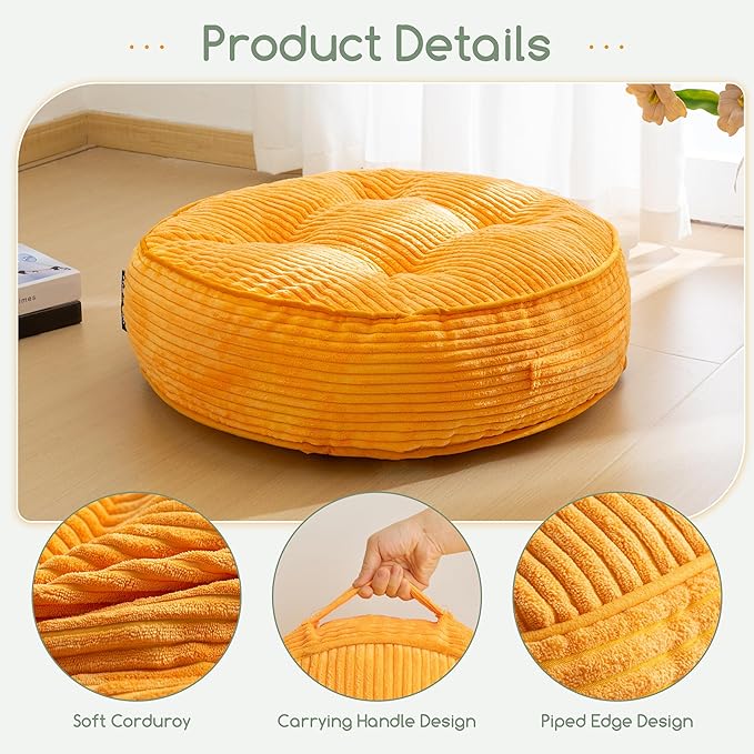 6" Washable Floor Pillow Cushion for Adults, Meditation Cushion Pillow, Large Round Floor Sitting, Removable Tufted Corduroy Cover, for Tatami Living Room or Yoga, 22x22 Inch, Machine Washable