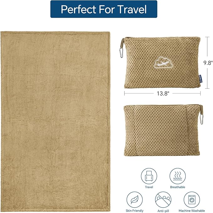BEDELITE Travel Blanket with Bag, Ultra-Soft Jacquard Fleece Blanket with Luggage Sleeve & Backpack Clip, Airplane Blanket Travel Essentials, Camel