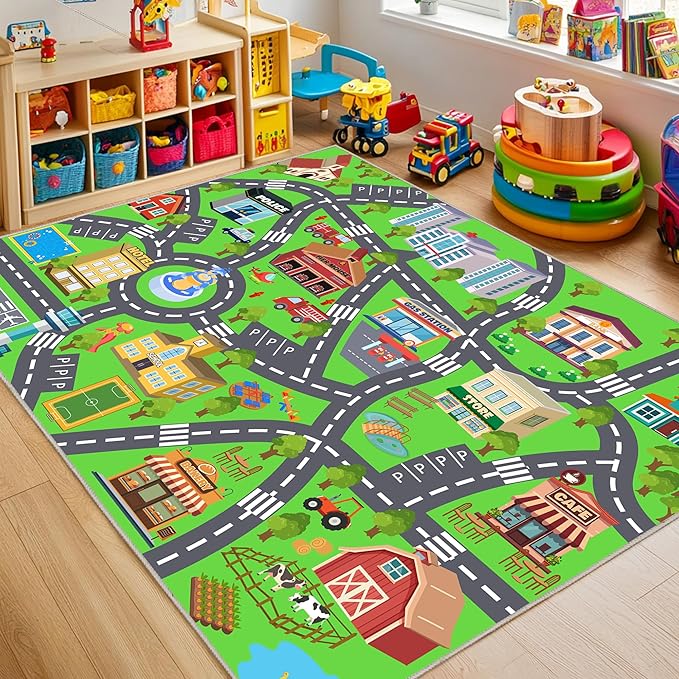 Kids Room Rug - Soft & Non-Slip 8x10 Ft Town Car Rug City Map Play Mat, Childrens Road Catpet Washable Rug for Classroom Nursery Bedroom Boys