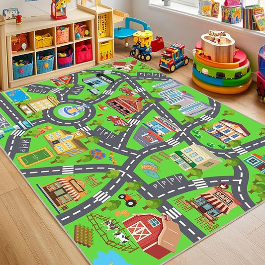 Kids Room Rug - Soft & Non-Slip 8x10 Ft Town Car Rug City Map Play Mat, Childrens Road Catpet Washable Rug for Classroom Nursery Bedroom Boys