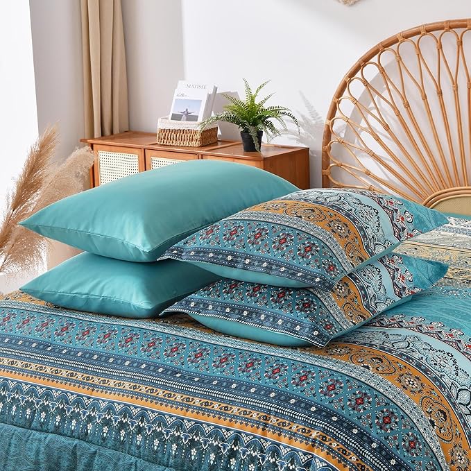 Cottolester Boho King Comforter Set 8 Pieces,Teal and Yellow Bohemian Comforter Paisley Striped Bed in A Bag,Soft Microfiber Bedding Set for All Season