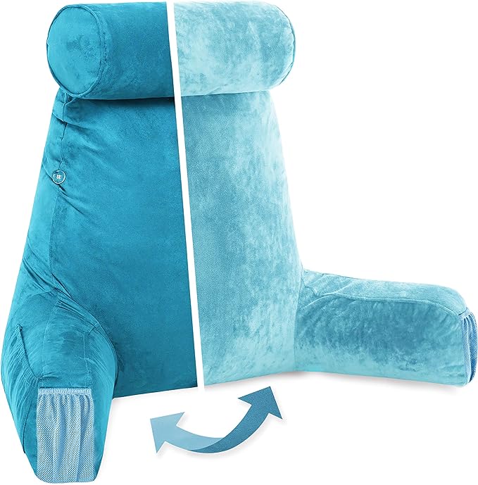 Husband Pillow Medium Aspen Edition Rodeo Blue, Sit Up Reading & Bed Rest with Arms, Ultra-Comfy, Detach Neck Roll - Premium Shredded Memory Foam Backrest, Reverses to Micro: Suede or Plush